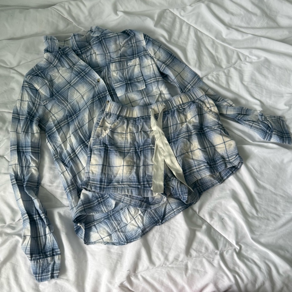 Hollister Flannel Sleepwear Set Pajama Set Blue & White XS